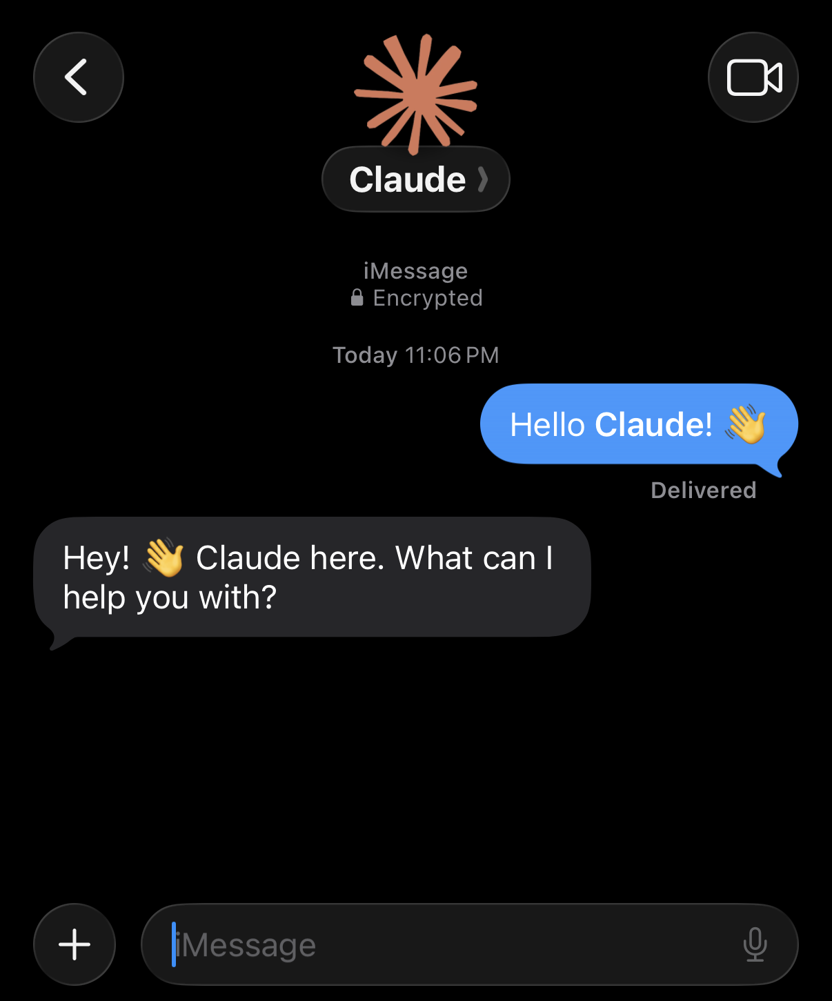 iPhone Messages thread with a contact named Claude: one sent message and one reply, no duplicates