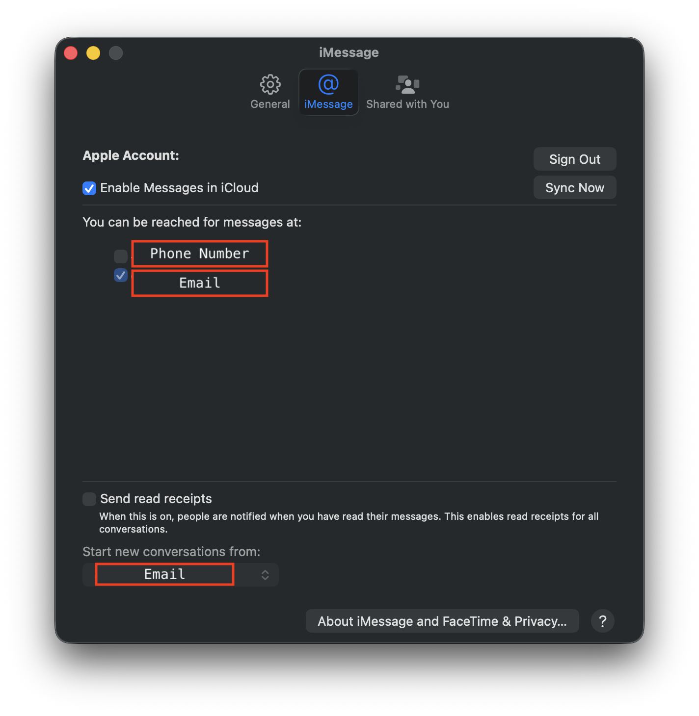 Mac Messages iMessage settings with only the email checked and new conversations starting from email